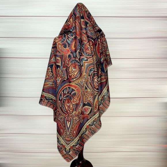 Large Square Scarf Paisley Red Blue Tan 46x46” - Picture 7 of 7
